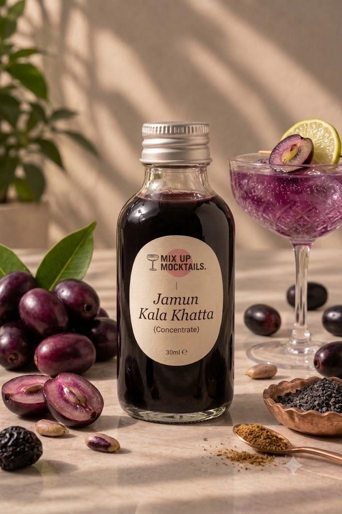 Kala Khatta Mocktail Mixer bottle with jamun fruit