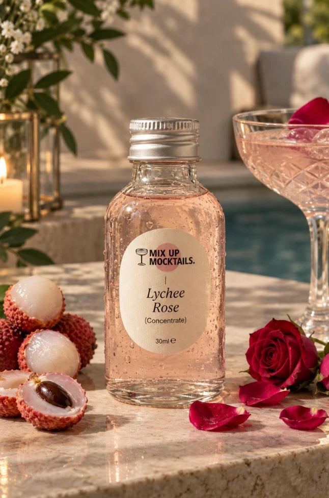Lychee Rose Mocktail Mixer by the pool with a coupe glass