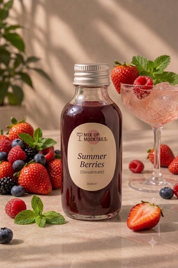 Mixed Berries Mocktail Mixer bottle with strawberries and blueberries