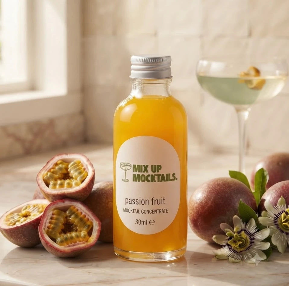 Passion Fruit Mocktail Mixer by a sunny window with passion flowers